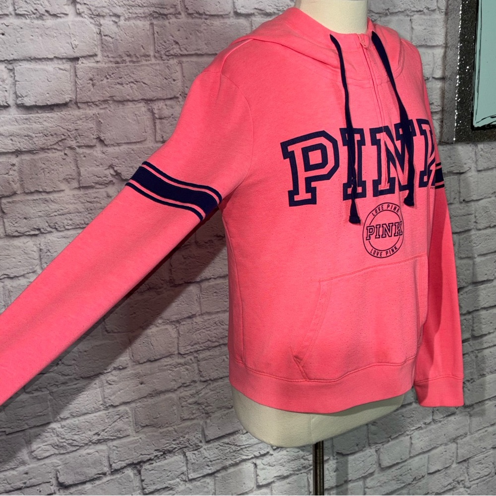 Victoria’s Secret PINK Neon Coral 1/4 Zip Hoodie Sweatshirt Kangaroo Pocket - Picture 5 of 7